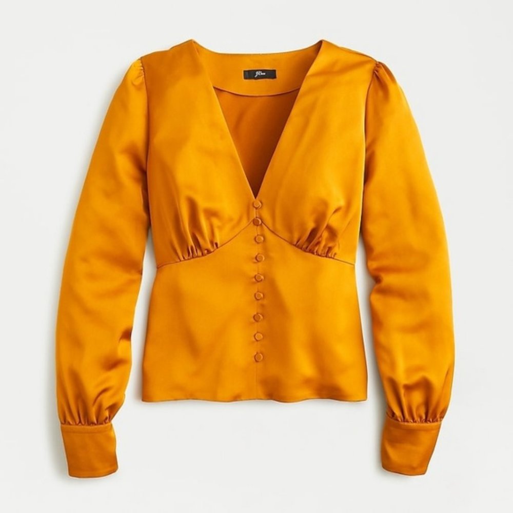J.Crew Deep V-Neck Yellow Satin Button Front Crepe Blouse